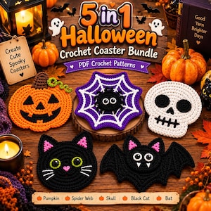 Puede incluir: Un conjunto de patrones PDF para 5 posavasos de ganchillo de Halloween que incluye un diseño de calabaza naranja, telaraña morada con araña negra, calavera blanca, gato negro y murciélago negro, presentados sobre una superficie de madera.