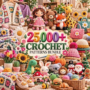 Puede incluir: Una colección de artículos de ganchillo que incluye un cárdigan de cuadrados de la abuela, muñecos de peluche, bolsos florales, gorros y varias figuras amigurumi como un dinosaurio, conejo, koala y Santa, con el texto 25,000+ CROCHET PATTERNS BUNDLE.