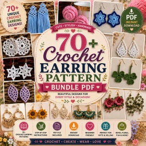 Op de afbeelding: Een digitaal PDF-patroonpakket voor 70+ gehaakte oorbellenontwerpen. De centrale afbeelding bevat de tekst 70+ Crochet EARRING PATTERN BUNDLE PDF. Rondom de tekst staan diverse voorbeelden van gehaakte oorbellen, waaronder kwastjes, bloemen, sneeuwvlokken en bladeren in kleuren zoals blauw, wit, roze, groen en geel.