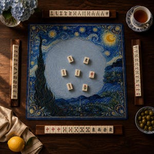 Può includere: Un set da Mahjong con un tappetino da gioco quadrato con stampa di cielo stellato blu, quattro supporti per tessere in legno e tessere color avorio con simboli rossi, verdi e neri. Un limone, una ciotola di olive verdi e una tazza sono vicini.