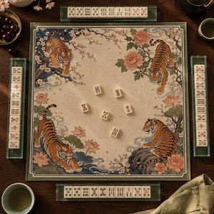 May include: A square mahjong game board featuring a cream-colored center with four tigers, pink lotus flowers, and cherry blossoms. The board is surrounded by four glass tile racks holding white mahjong tiles, with six additional tiles scattered in the center.