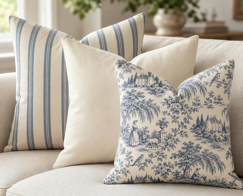 Close-up of the layered pillow set: solid ivory, slate blue toile de Jouy and blue ticking stripe covers