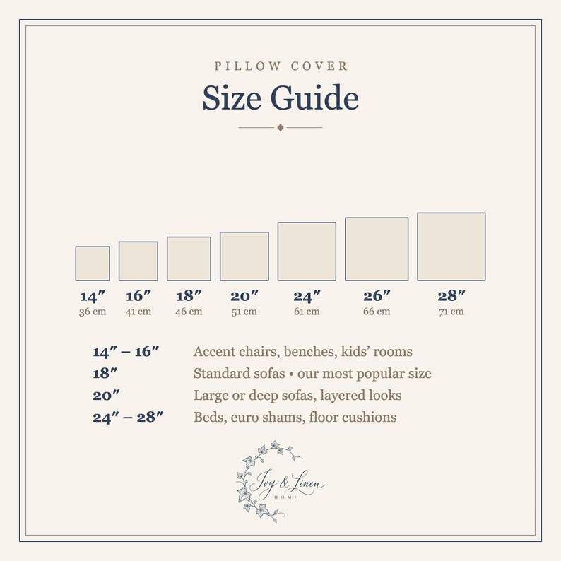 Pillow cover size guide: 14, 16, 18, 20, 24, 26 and 28 inch square covers with centimeter sizes and where each size fits best.