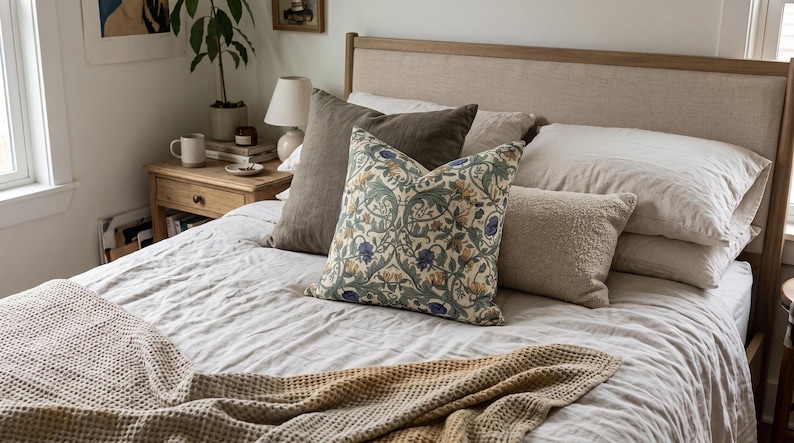 A bed features light neutral linens, a textured tan throw blanket, and a collection of accent pillows with a patterned botanical pillow in front.