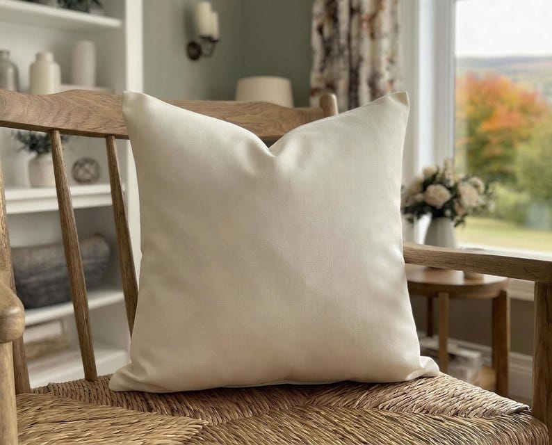 Close-up of the solid ivory pillow cover on a wooden chair with a rush seat