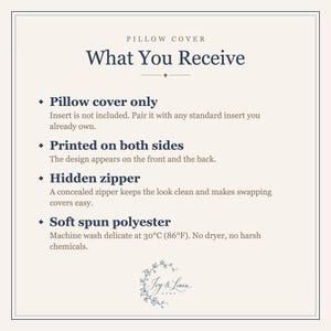 What you receive: pillow cover only, insert not included, printed on both sides, hidden zipper, soft 100% polyester, machine wash delicate.