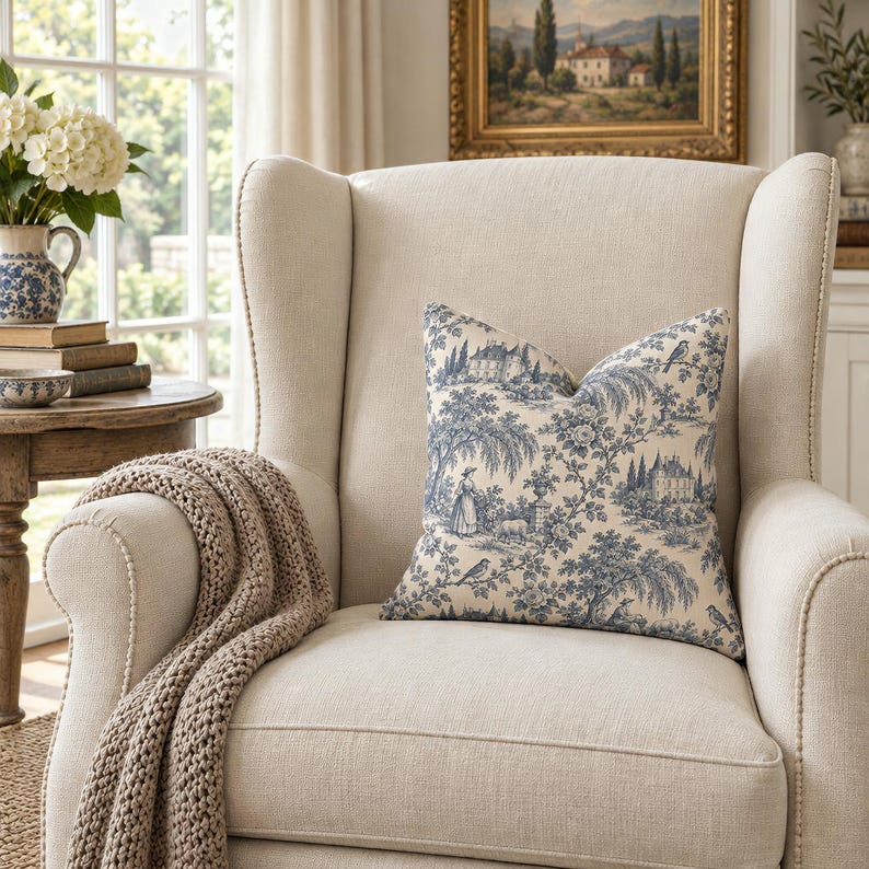 Small 16x16 slate blue toile de Jouy throw pillow in a cream wingback armchair in a French cottage living room.