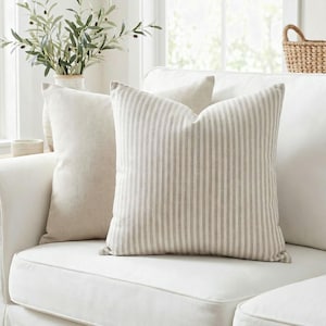 Taupe Ticking Stripe Pillow Cover, Cream Striped Square Pillowcase, Farmhouse Cottage Throw Pillow, Neutral Linen Look Cushion Cover
