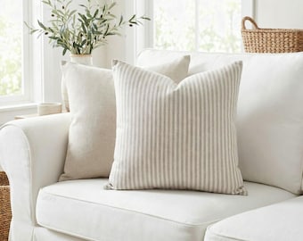 Taupe Ticking Stripe Pillow Cover, Cream Striped Square Pillowcase, Farmhouse Cottage Throw Pillow, Neutral Linen Look Cushion Cover
