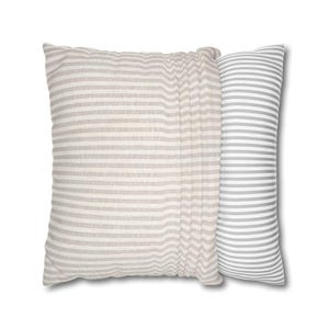Two square pillows on a white background, one featuring vertical beige stripes and the other with horizontal grey stripes.