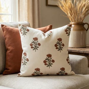 Terracotta Block Print Pillow Cover, Rust Floral Throw Pillow, Cream Botanical Cushion Cover, Cottage Living Room Decor