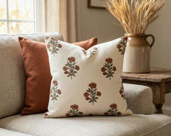 Terracotta Block Print Pillow Cover, Rust Floral Throw Pillow, Cream Botanical Cushion Cover, Cottage Living Room Decor
