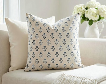 Slate Blue Floral Sprig Pillow Cover, French Country Block Print Throw Pillow, Small Blue Flower Ivory Cottage Cushion Cover