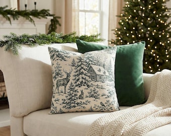 Green Christmas Toile Pillow Cover, Woodland Deer and Pine Toile de Jouy Throw Pillow, Evergreen Ivory Cottage Holiday Cushion