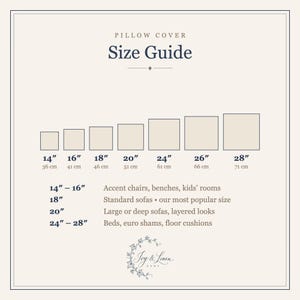 Pillow cover size guide: 14, 16, 18, 20, 24, 26 and 28 inch square covers with centimeter sizes and where each size fits best.