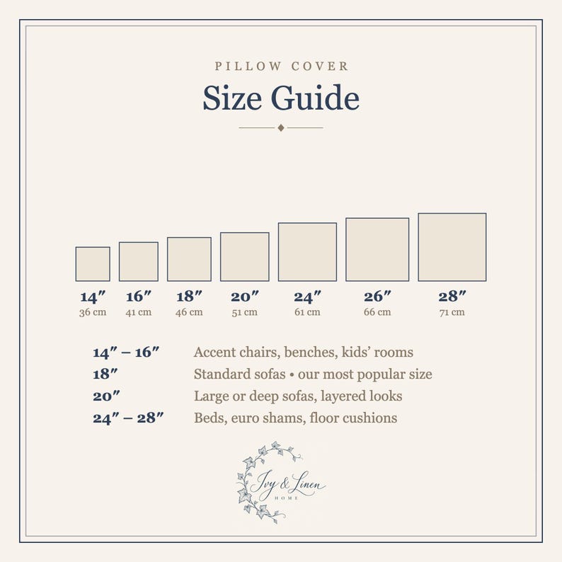Pillow cover size guide: 14, 16, 18, 20, 24, 26 and 28 inch square covers with centimeter sizes and where each size fits best.