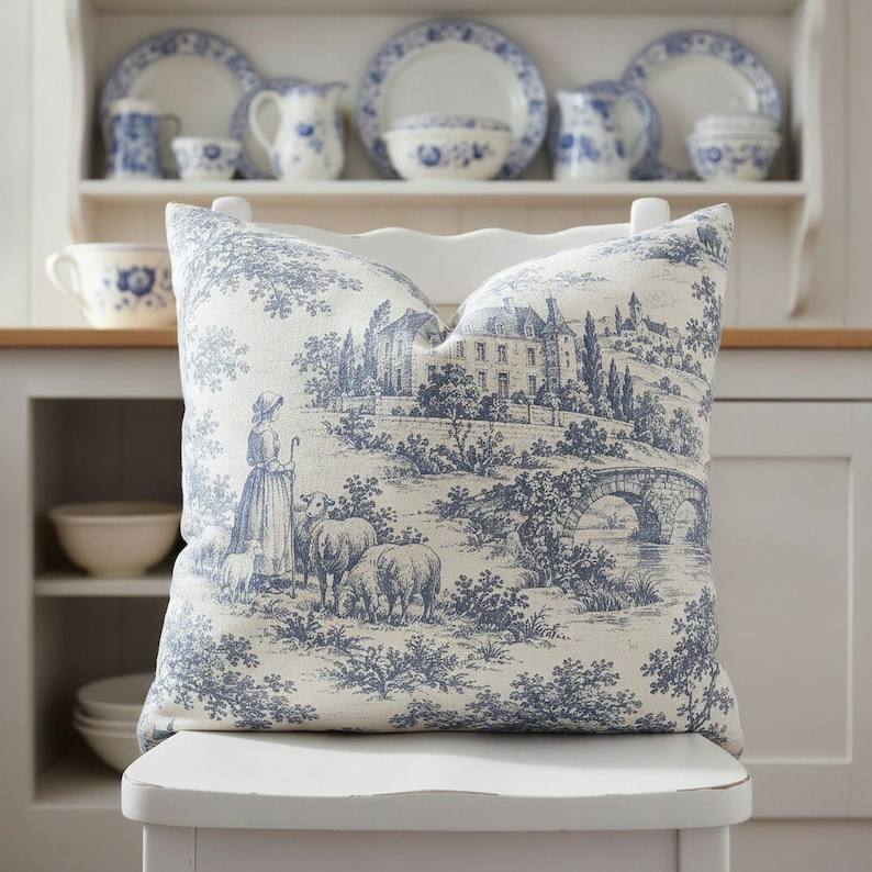Slate blue pastoral toile de Jouy pillow styled in a French cottage home