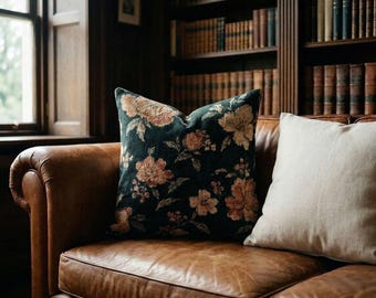Woven Peony Tapestry Pillow, Moody Floral Throw Cushion, Vintage French Tapestry Decor, Dark Green Botanical Accent Pillow