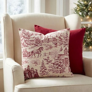 Red Christmas Toile Pillow Cover, French Village Sleigh Toile de Jouy Throw Pillow, Cranberry Ivory Cottage Holiday Cushion