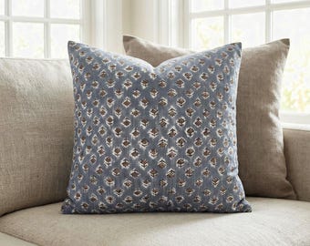 Blue Accent Pillow, Slate Floral Couch Cover, French Country Decor