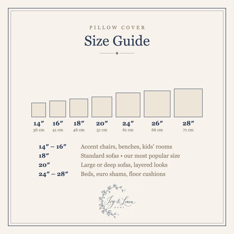 Pillow cover size guide: 14, 16, 18, 20, 24, 26 and 28 inch square covers with centimeter sizes and where each size fits best.