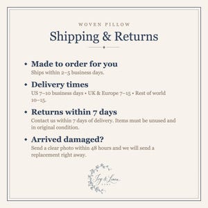 Shipping and returns for the woven pillow: ships in 2 to 5 business days, delivery times by region, returns within 7 days.