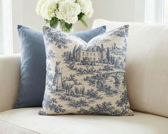 Slate Blue Pastoral Toile Pillow Cover, French Country Chateau Toile de Jouy Throw Pillow, Blue and Ivory Cottage Cushion Cover