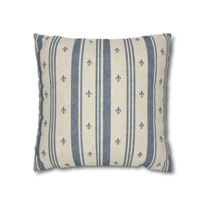 Slate Blue Ticking Stripe Pillow Cover, French Fleur de Lis Stripe Throw Pillow, Blue and Ivory Farmhouse Cottage Cushion Cover image 4