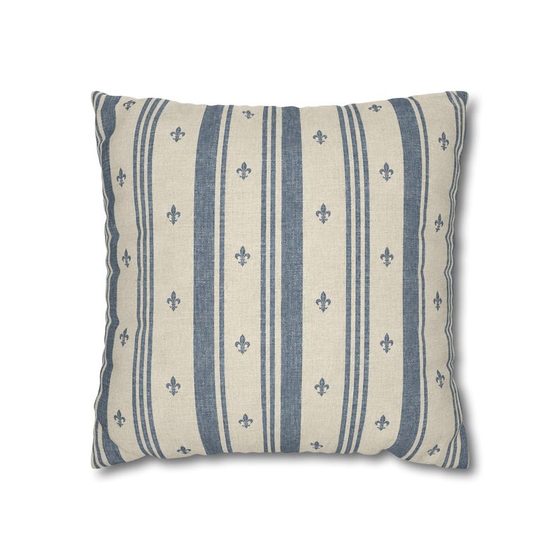 Slate Blue Ticking Stripe Pillow Cover, French Fleur de Lis Stripe Throw Pillow, Blue and Ivory Farmhouse Cottage Cushion Cover image 4