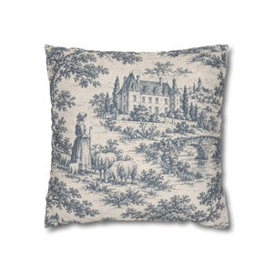 Slate Blue Pastoral Toile Pillow Cover, French Country Chateau Toile de Jouy Throw Pillow, Blue and Ivory Cottage Cushion Cover image 4