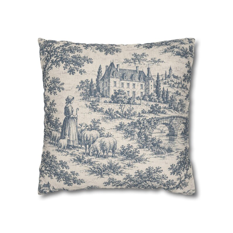 Slate Blue Pastoral Toile Pillow Cover, French Country Chateau Toile de Jouy Throw Pillow, Blue and Ivory Cottage Cushion Cover image 4