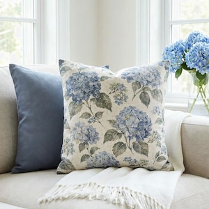 Slate Blue Hydrangea Pillow Cover, Vintage Watercolor Floral Throw Pillow, Blue Sage Ivory French Cottage Cushion Cover