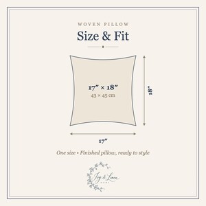 Size guide for the woven tapestry pillow: 17 x 18 inches (43 x 45 cm), one size, finished pillow ready to style.