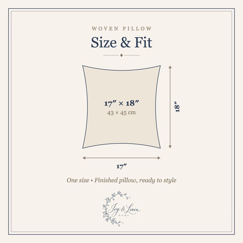 Size guide for the woven tapestry pillow: 17 x 18 inches (43 x 45 cm), one size, finished pillow ready to style.