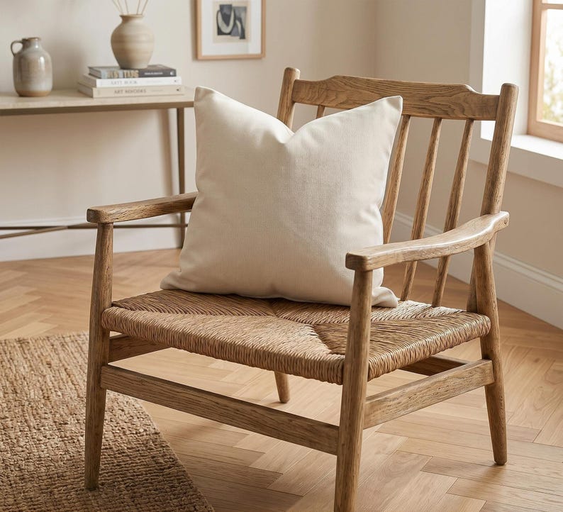 A wooden armchair with a woven seat and an ivory throw pillow on it, positioned in a well-lit room.