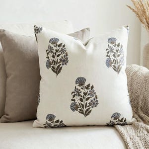 Floral Block Print Cushion Cover Double Sided, Earthy Taupe Botanical Throw Pillow Case, Neutral Boho Farmhouse Living Decor
