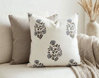 Floral Block Print Cushion Cover Double Sided, Earthy Taupe Botanical Throw Pillow Case, Neutral Boho Farmhouse Living Decor