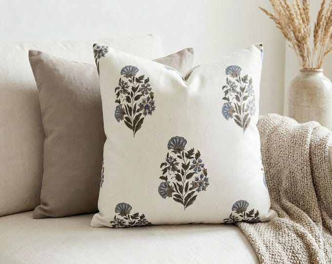 Featured listing image: Floral Block Print Cushion Cover Double Sided, Earthy Taupe Botanical Throw Pillow Case, Neutral Boho Farmhouse Living Decor