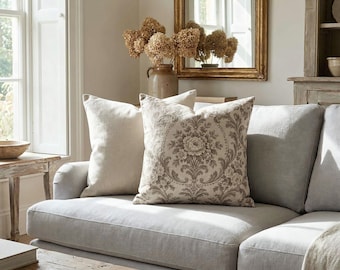 Taupe Damask Pillow Cover, French Floral Medallion Throw Pillow, Neutral Oatmeal Chateau Cottage Cushion Cover