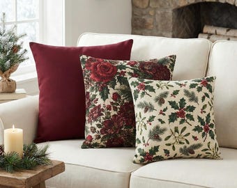Christmas Pillow Cover Set of 3, Cranberry Red, Winter Rose and Holly Berry, Red and Green Cottage Holiday Throw Pillow Covers