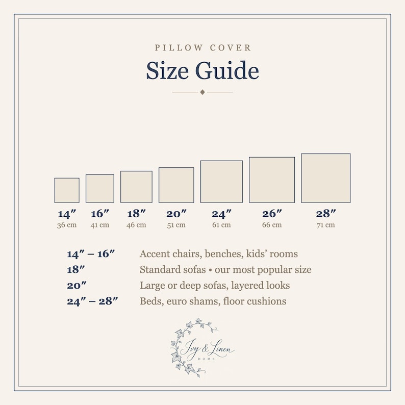 Pillow cover size guide: 14, 16, 18, 20, 24, 26 and 28 inch square covers with centimeter sizes and where each size fits best.