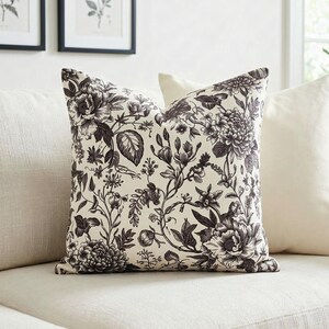 Black Toile Pillow Cover, Vintage Floral Throw Pillow, Charcoal Cream Botanical Cushion Cover, French Country Couch Decor
