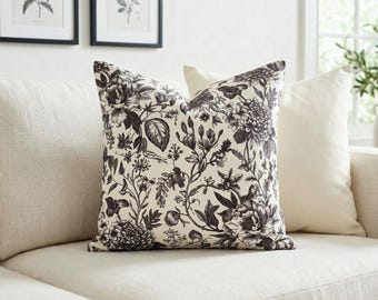 Black Toile Pillow Cover, Vintage Floral Throw Pillow, Charcoal Cream Botanical Cushion Cover, French Country Couch Decor