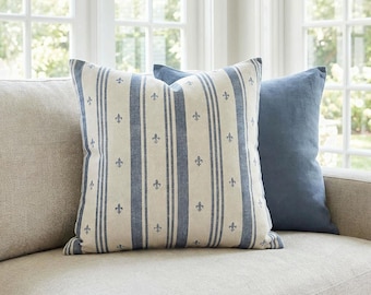 Slate Blue Ticking Stripe Pillow Cover, French Fleur de Lis Stripe Throw Pillow, Blue and Ivory Farmhouse Cottage Cushion Cover