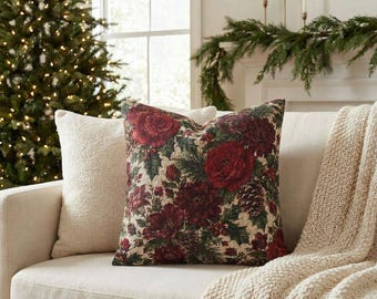 Winter Rose Chintz Christmas Pillow Cover, Red Rose and Pine Floral Throw Pillow, Burgundy Green Cottage Holiday Cushion