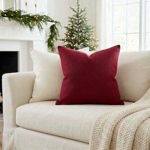Solid Cranberry Red Pillow Cover, Christmas Red Throw Pillow, French Farmhouse Holiday Cottage Cushion Cover