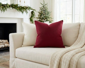 Solid Cranberry Red Pillow Cover, Christmas Red Throw Pillow, French Farmhouse Holiday Cottage Cushion Cover