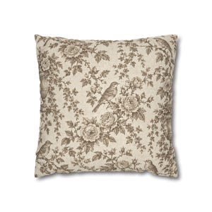 Taupe Toile Pillow Cover, Antique Bird and Rose Toile de Jouy Throw Pillow, Neutral French Country Cream Cottage Cushion Cover image 4