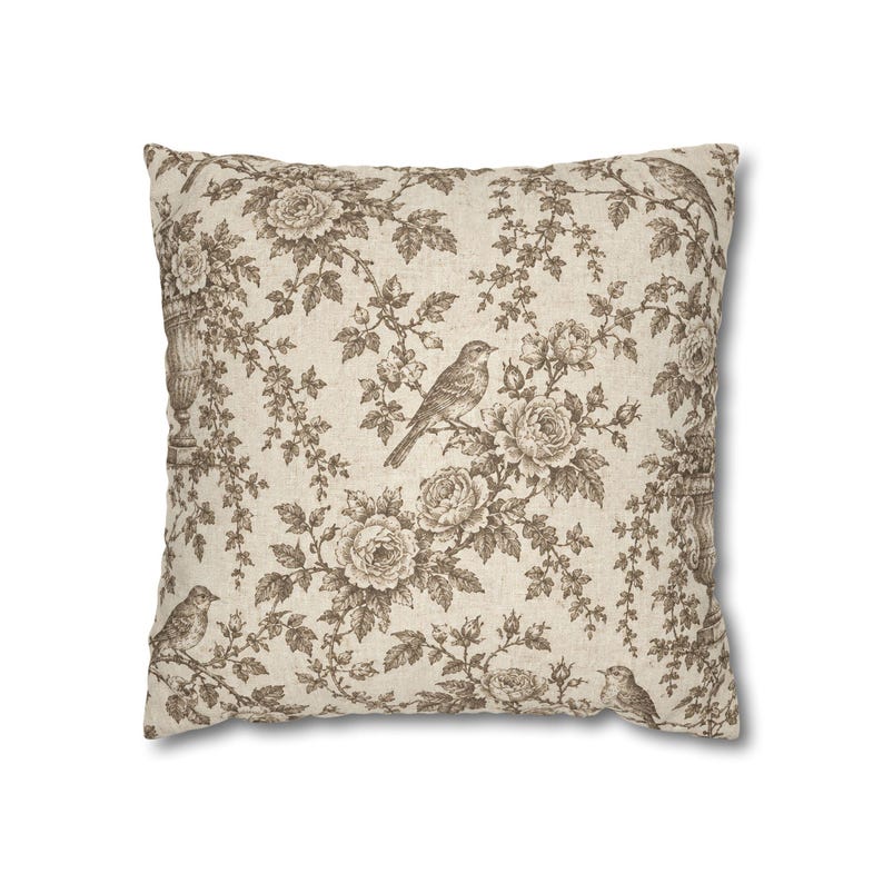 Taupe Toile Pillow Cover, Antique Bird and Rose Toile de Jouy Throw Pillow, Neutral French Country Cream Cottage Cushion Cover image 4