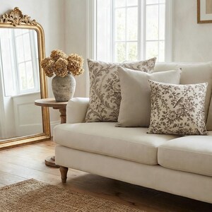 Antique Taupe Pillow Cover Set of 3, Bird Toile, Floral Damask and Oatmeal Solid, French Country Neutral Throw Pillow Covers